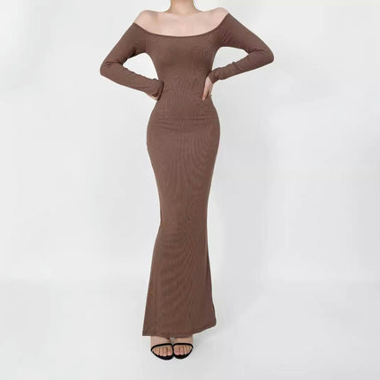 Women's Off Shoulder Bodycon Maxi Dresses Elegant Long Sleeves Knit Dresses