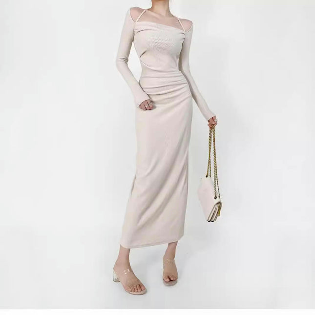 Women's Bodycon Maxi Dresses Ribbed Long Sleeve Square Neck Casual Dresses