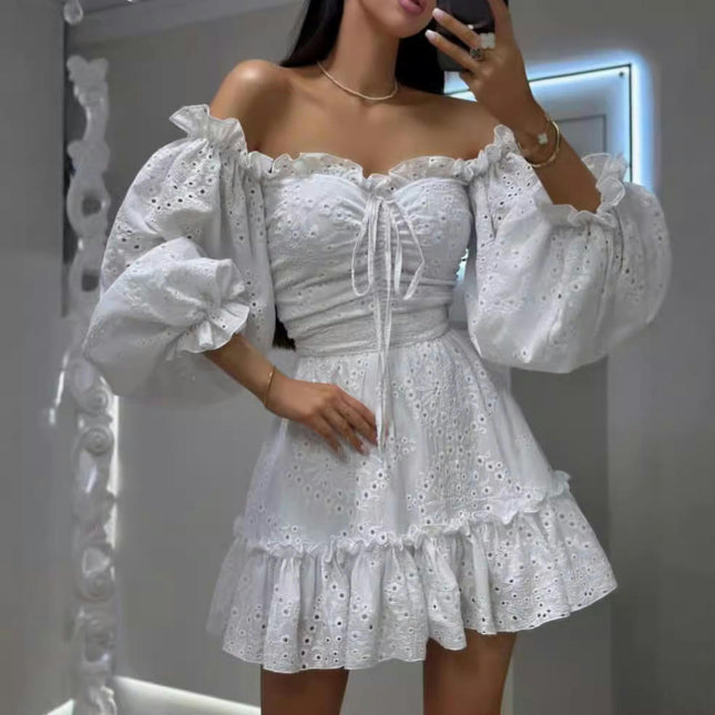 Women's Sexy Off Shoulder Puff Long Sleeve Ruffled A Line Flowy Mini Dress