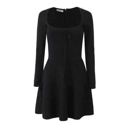 Womens Sexy Square Neck Long Sleeve Mini Dress Fall Casual Knit A Line Swing Dresses