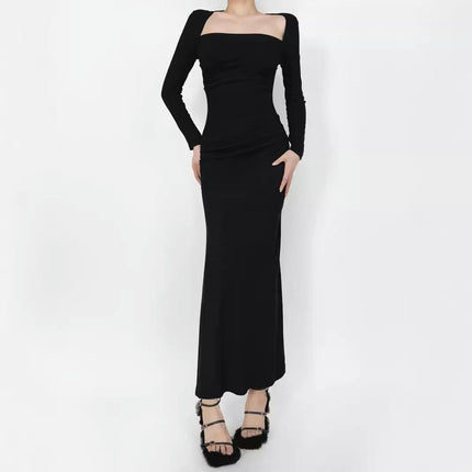 Women's Long Sleeve Long Dresses Sexy Square Neck Bodycon Maxi Long Dress