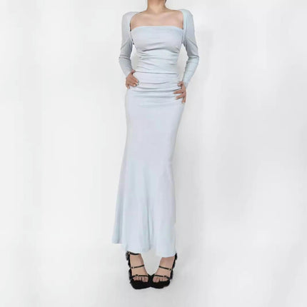 Women's Long Sleeve Long Dresses Sexy Square Neck Bodycon Maxi Long Dress