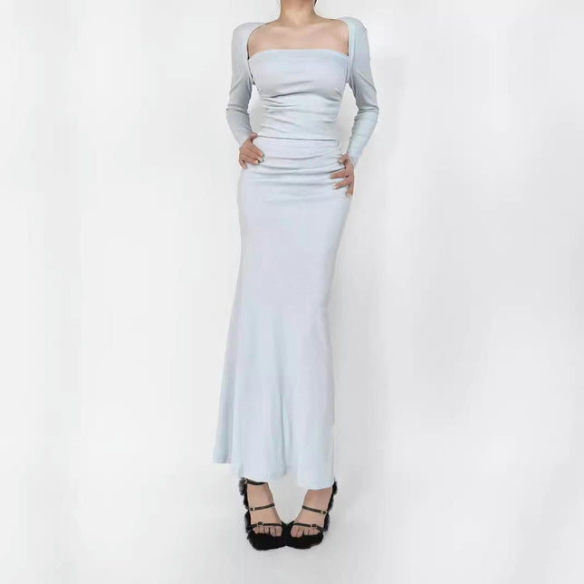 Women's Long Sleeve Long Dresses Sexy Square Neck Bodycon Maxi Long Dress