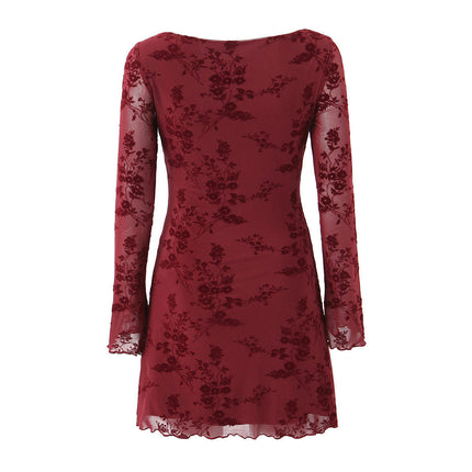 Women's Floral Mesh Long Sleeve Casual Dress Crew Neck Bodycon Mini Dresses