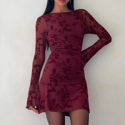 Women's Floral Mesh Long Sleeve Casual Dress Crew Neck Bodycon Mini Dresses