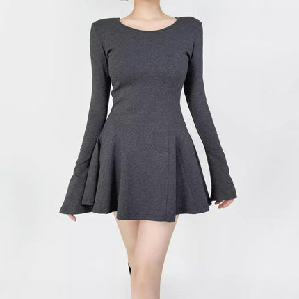 Womens Casual Dresses Long Sleeve Crew Neck Ruffle A Line Swing Mini Dress