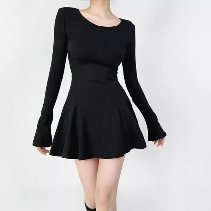 Womens Casual Dresses Long Sleeve Crew Neck Ruffle A Line Swing Mini Dress