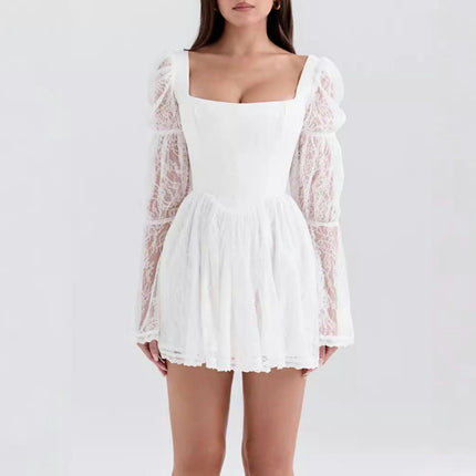 Women's Puff Long Sleeve Square Neck Casual Floral Lace A line Swing Mini Dress