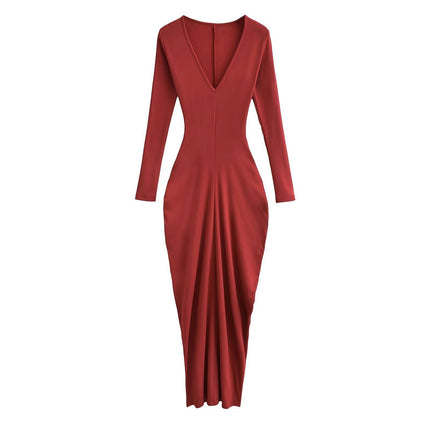 Women's Casual Deep V Neck Long Sleeves Dress Slim Bodycon Ruched Maxi Dress