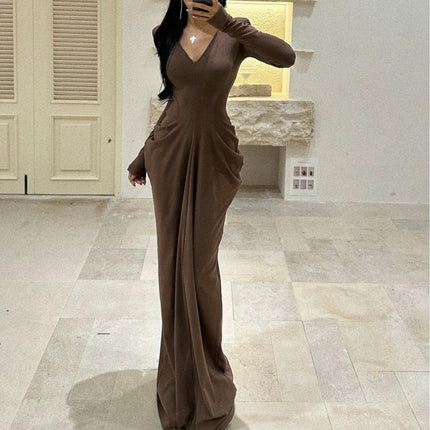 Women's Casual Deep V Neck Long Sleeves Dress Slim Bodycon Ruched Maxi Dress