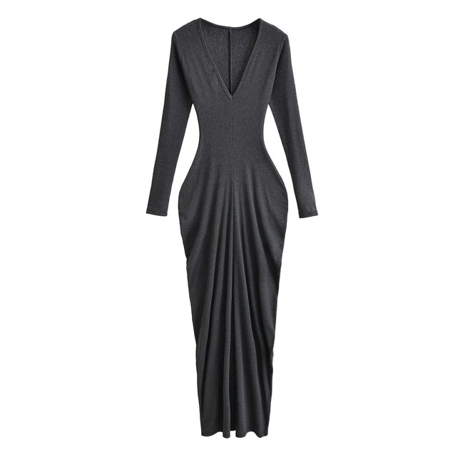 Women's Casual Deep V Neck Long Sleeves Dress Slim Bodycon Ruched Maxi Dress