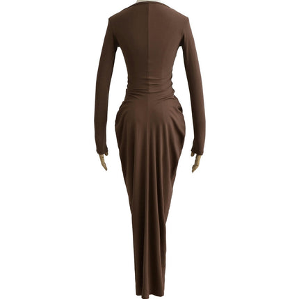 Women's Casual Deep V Neck Long Sleeves Dress Slim Bodycon Ruched Maxi Dress