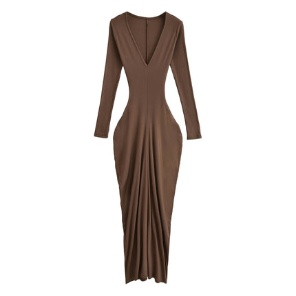 Women's Casual Deep V Neck Long Sleeves Dress Slim Bodycon Ruched Maxi Dress