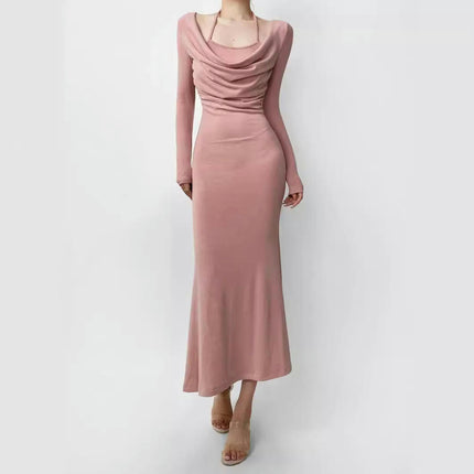 Women's Casual Cowl Neck Long Sleeves Dress Slim Bodycon Ruched Maxi Dress