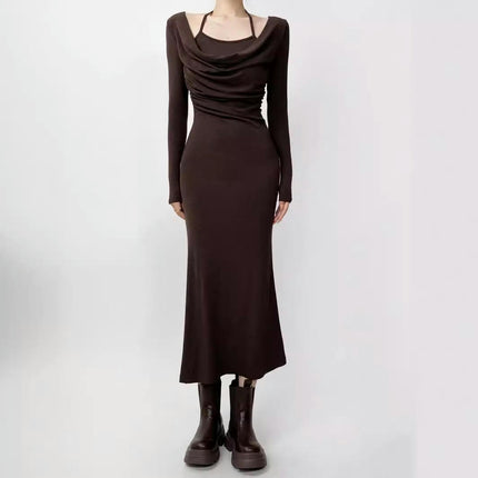 Women's Casual Cowl Neck Long Sleeves Dress Slim Bodycon Ruched Maxi Dress