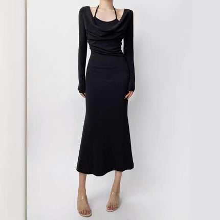 Women's Casual Cowl Neck Long Sleeves Dress Slim Bodycon Ruched Maxi Dress