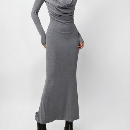 Women's Casual Cowl Neck Long Sleeves Dress Slim Bodycon Ruched Maxi Dress