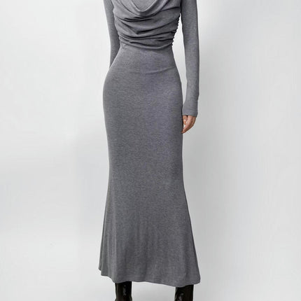 Women's Casual Cowl Neck Long Sleeves Dress Slim Bodycon Ruched Maxi Dress