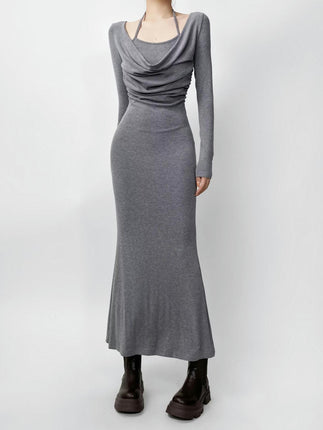 Women's Casual Cowl Neck Long Sleeves Dress Slim Bodycon Ruched Maxi Dress