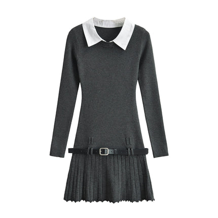 Women's Long Sleeve Polo Neck Sweater Dress Fall Ribbed Knit Pleated Mini Dresses