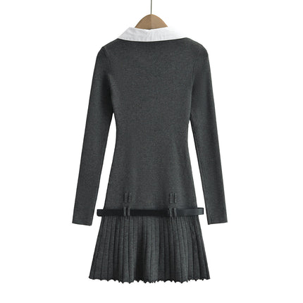 Women's Long Sleeve Polo Neck Sweater Dress Fall Ribbed Knit Pleated Mini Dresses