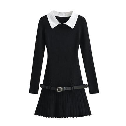 Women's Long Sleeve Polo Neck Sweater Dress Fall Ribbed Knit Pleated Mini Dresses