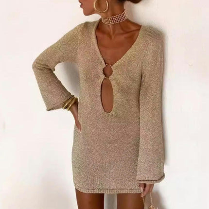 Women's Sexy Bodycon Deep V Neck Long Sleeve Cut Out knit Club Mini Dress