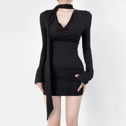 Women's Sexy Long Sleeve Cowl Neck Bodycon Party Club Mini Dress