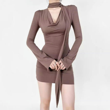 Women's Sexy Long Sleeve Cowl Neck Bodycon Party Club Mini Dress