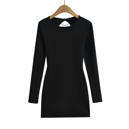 Women's Sexy Long Sleeve Crew Neck Short Dress Backless Bodycon Mini Dresses