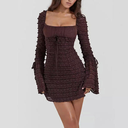 Women's Floral Lace Long Sleeve Square Neck Party Club Cocktail Bodycon Mini Dress