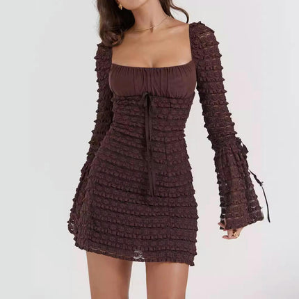 Women's Floral Lace Long Sleeve Square Neck Party Club Cocktail Bodycon Mini Dress