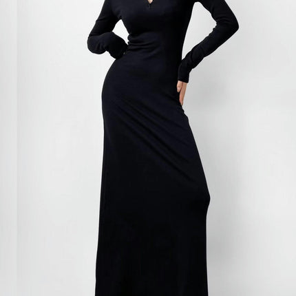 Women's Sexy Button Crew Neck Long Sleeve Casual Long Dress Bodycon Maxi Dresses