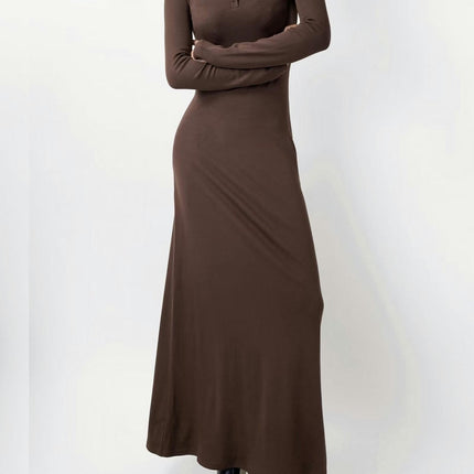 Women's Sexy Button Crew Neck Long Sleeve Casual Long Dress Bodycon Maxi Dresses