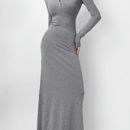 Women's Sexy Button Crew Neck Long Sleeve Casual Long Dress Bodycon Maxi Dresses