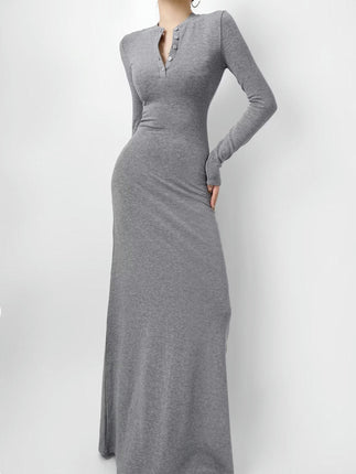 Women's Sexy Button Crew Neck Long Sleeve Casual Long Dress Bodycon Maxi Dresses