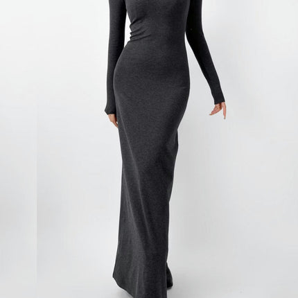 Women's Sexy Button Crew Neck Long Sleeve Casual Long Dress Bodycon Maxi Dresses