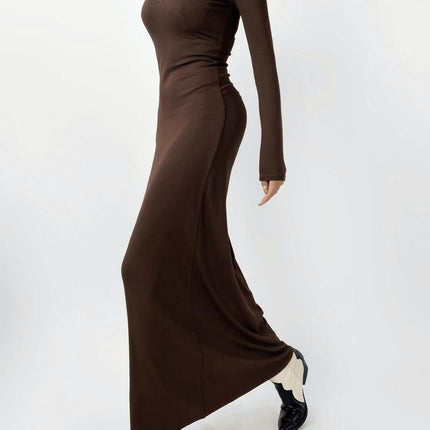 Women's Sexy Button Crew Neck Long Sleeve Casual Long Dress Bodycon Maxi Dresses