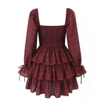 Womens Floral Square Neck Short Dress Long Puff Sleeve A-Line Tiered Ruffled Mini Dresses