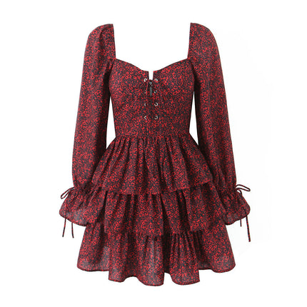 Womens Floral Square Neck Short Dress Long Puff Sleeve A-Line Tiered Ruffled Mini Dresses