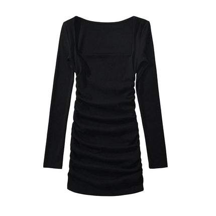 Women's Short Dress Long Sleeve Bodycon Ruched Square Neck Party Mini Dresses