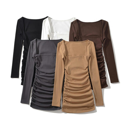 Women's Short Dress Long Sleeve Bodycon Ruched Square Neck Party Mini Dresses