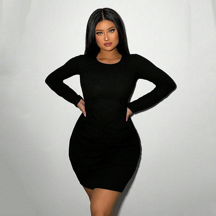 Women Sexy Crew Neck Long Sleeve Mini Dress Backless Bodycon Club Party Dress