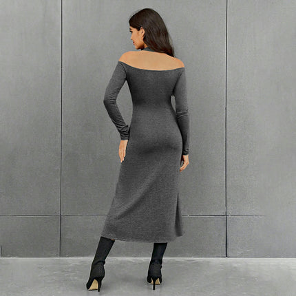 Women's Midi Dress Long Sleeve Bodycon Cold Shoulder Halter Neck Party Dresses