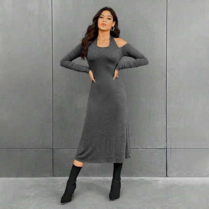 Women's Midi Dress Long Sleeve Bodycon Cold Shoulder Halter Neck Party Dresses