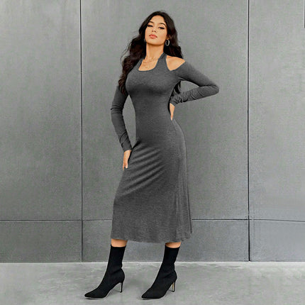 Women's Midi Dress Long Sleeve Bodycon Cold Shoulder Halter Neck Party Dresses