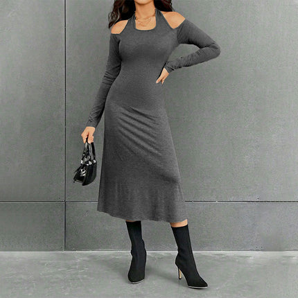 Women's Midi Dress Long Sleeve Bodycon Cold Shoulder Halter Neck Party Dresses