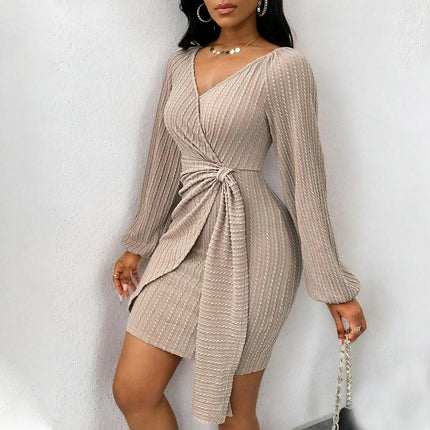 Womens V Neck Puff Long Sleeve Dresses Tie Waist Bodycon Ruched Mini Dress