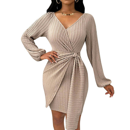 Womens V Neck Puff Long Sleeve Dresses Tie Waist Bodycon Ruched Mini Dress