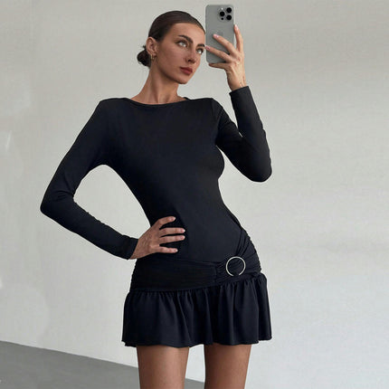 Women's Casual Long Sleeve Bodycon Short Dress Crew Neck Ruffle Mini Dresses